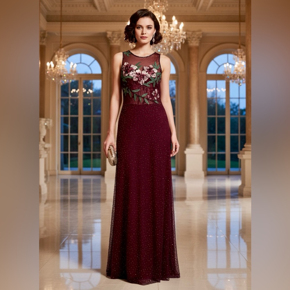 Elegant Burgundy Floral‎ hand beaded Dress